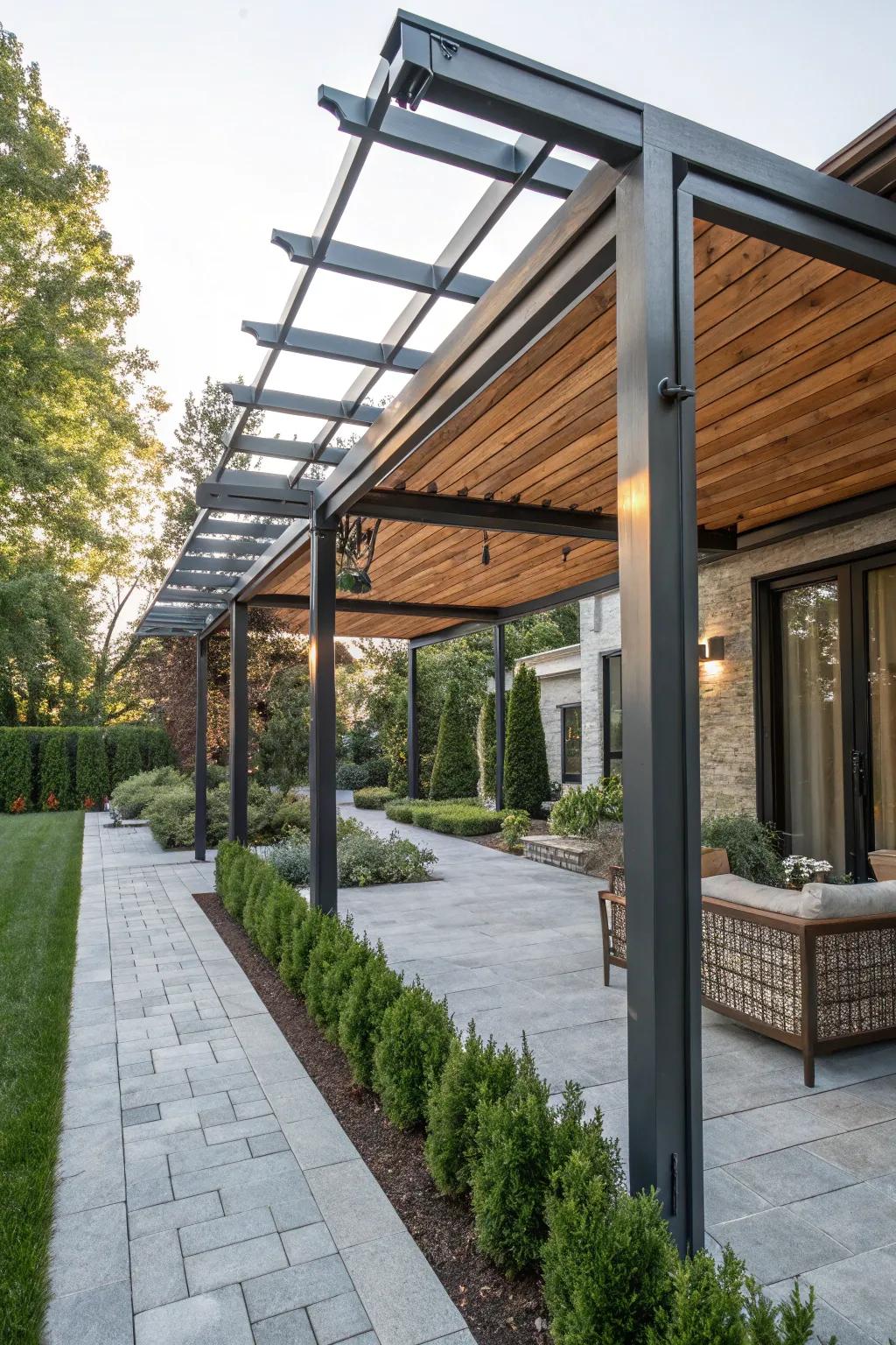 A mixed-material pergola combines rustic charm with modern style.