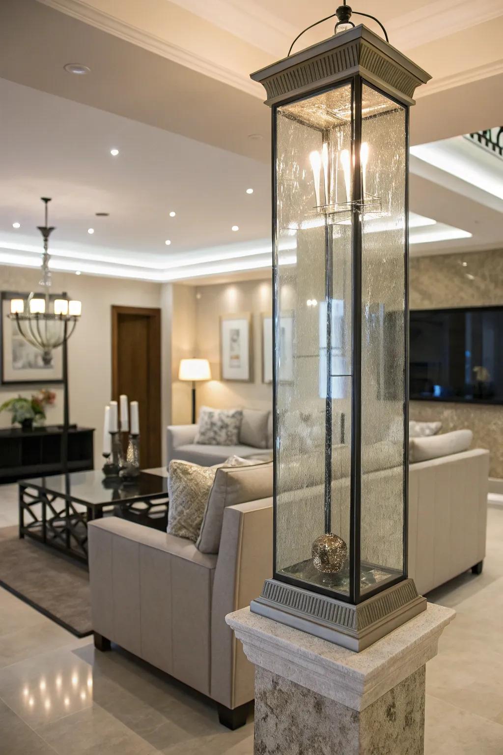 Glass covers provide a modern and airy touch to pillars.