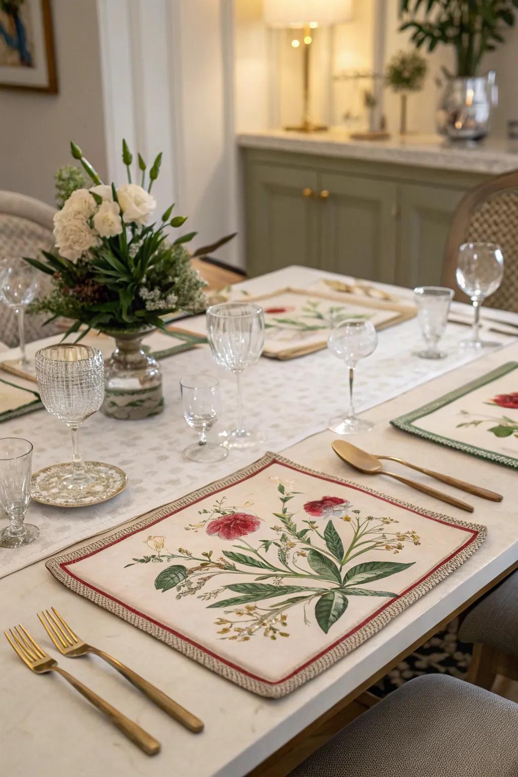 Vintage botanical prints bring timeless elegance to your table.