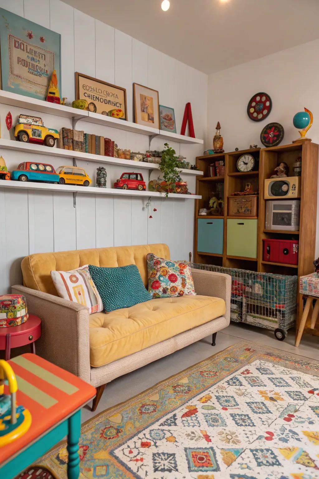 A charming playroom with a vintage vibes sofa.