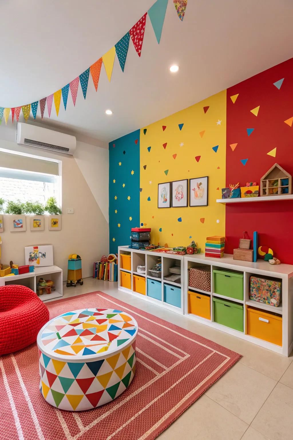 Bold color accents energizing the playroom.