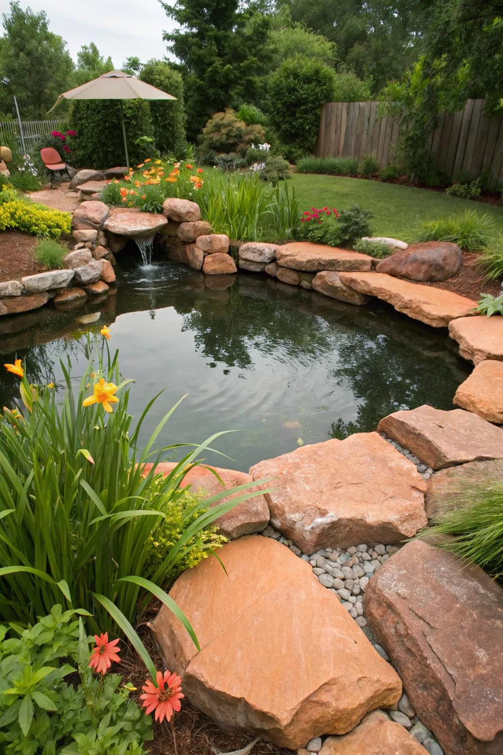 Terracotta-colored rocks accentuate a backyard pond.