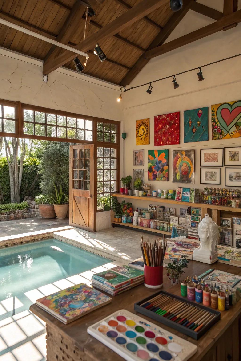 A pool house serving as a serene artistic escape.