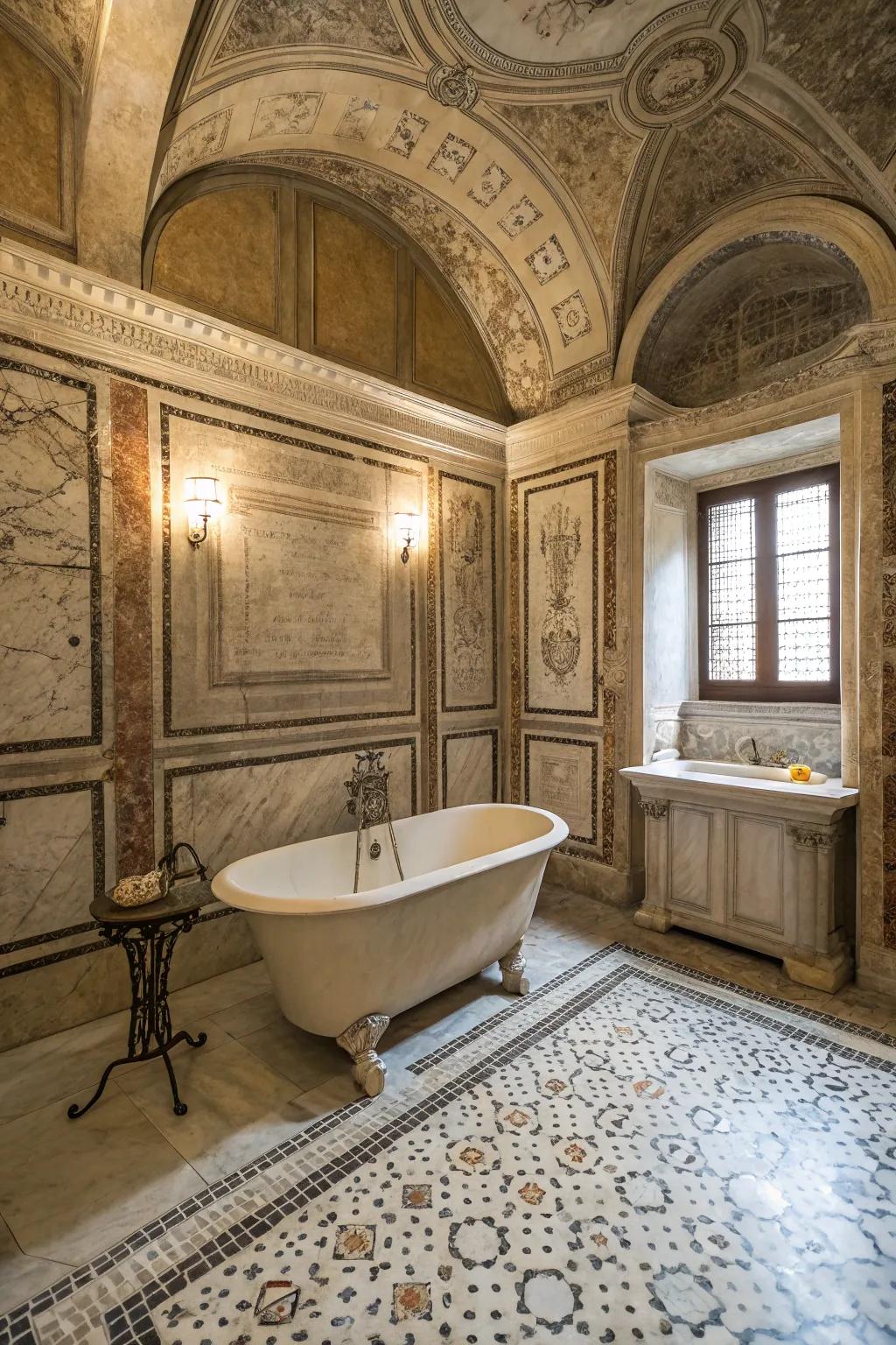 Textured walls add dimension and a touch of history to this bathroom.