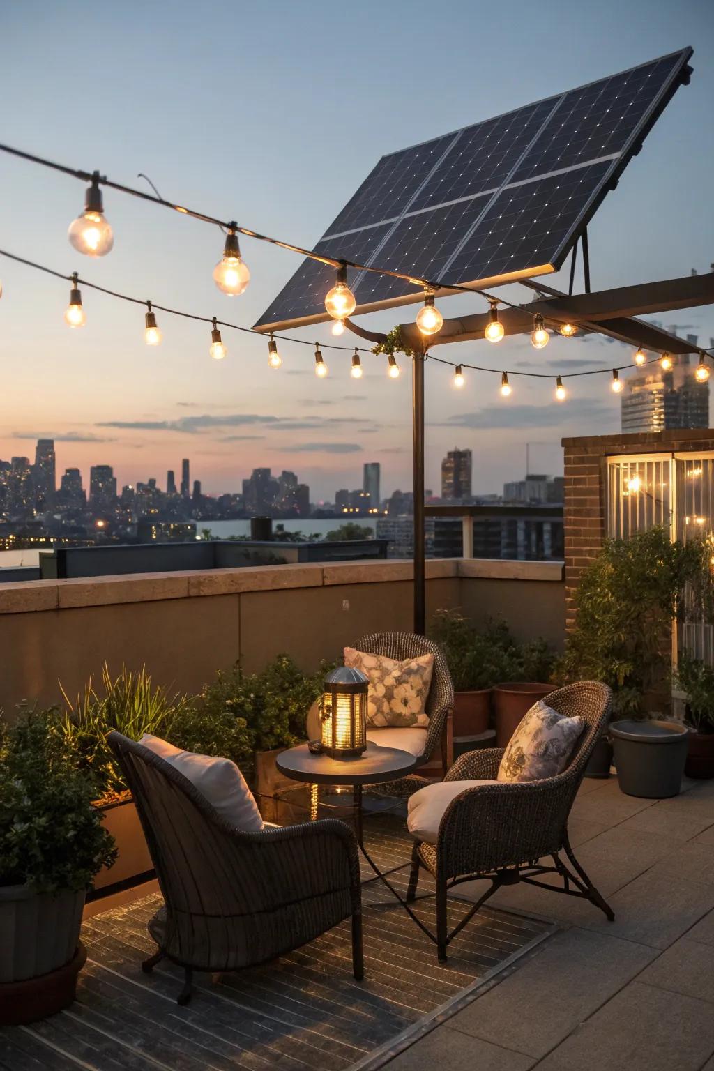 Solar-powered features provide eco-friendly lighting and ambiance.