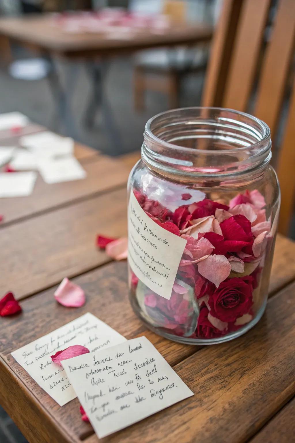 A memory jar filled with rose petals and special notes