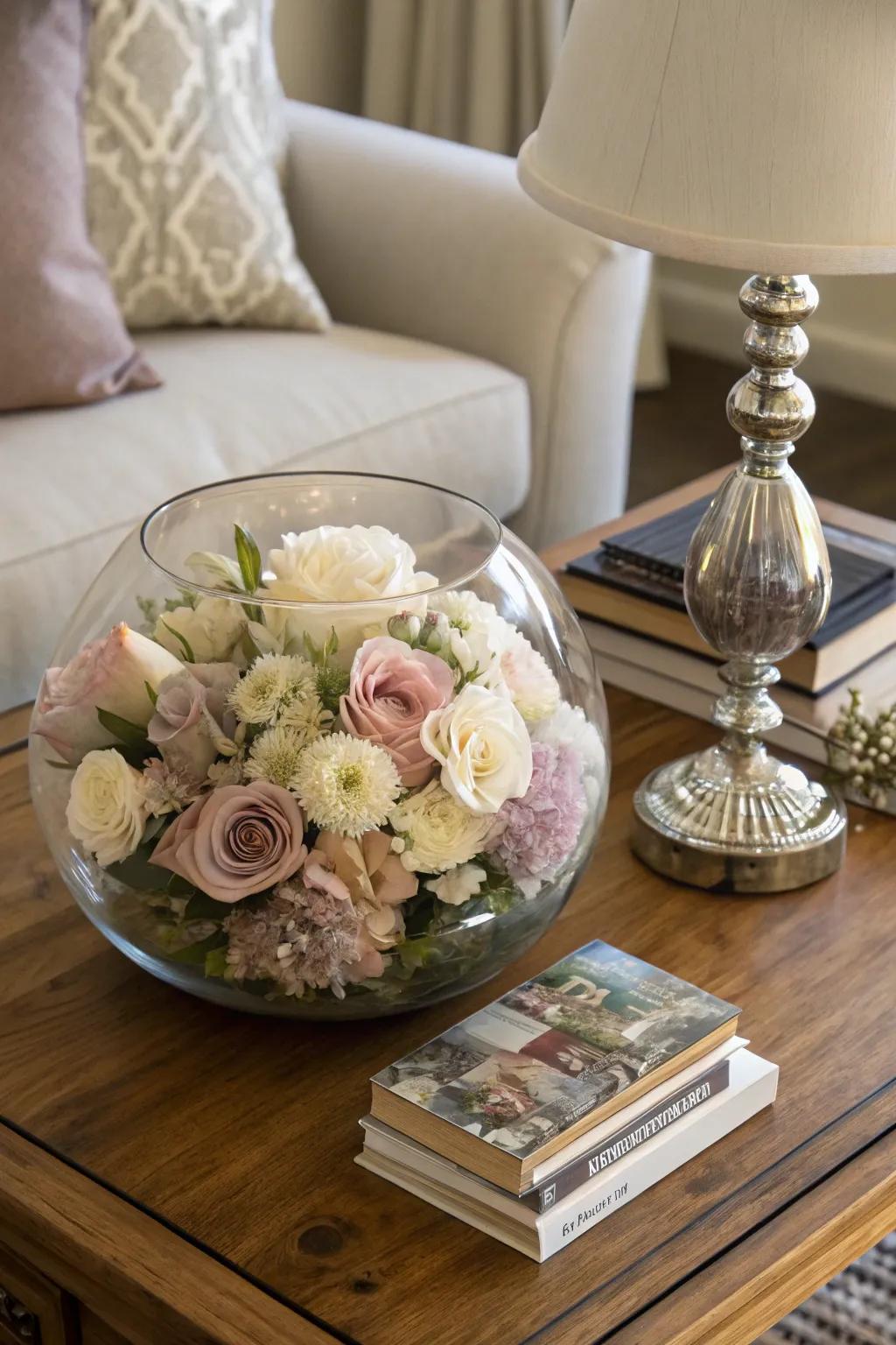 Muted florals in a glass bowl create an elegant and cohesive display.