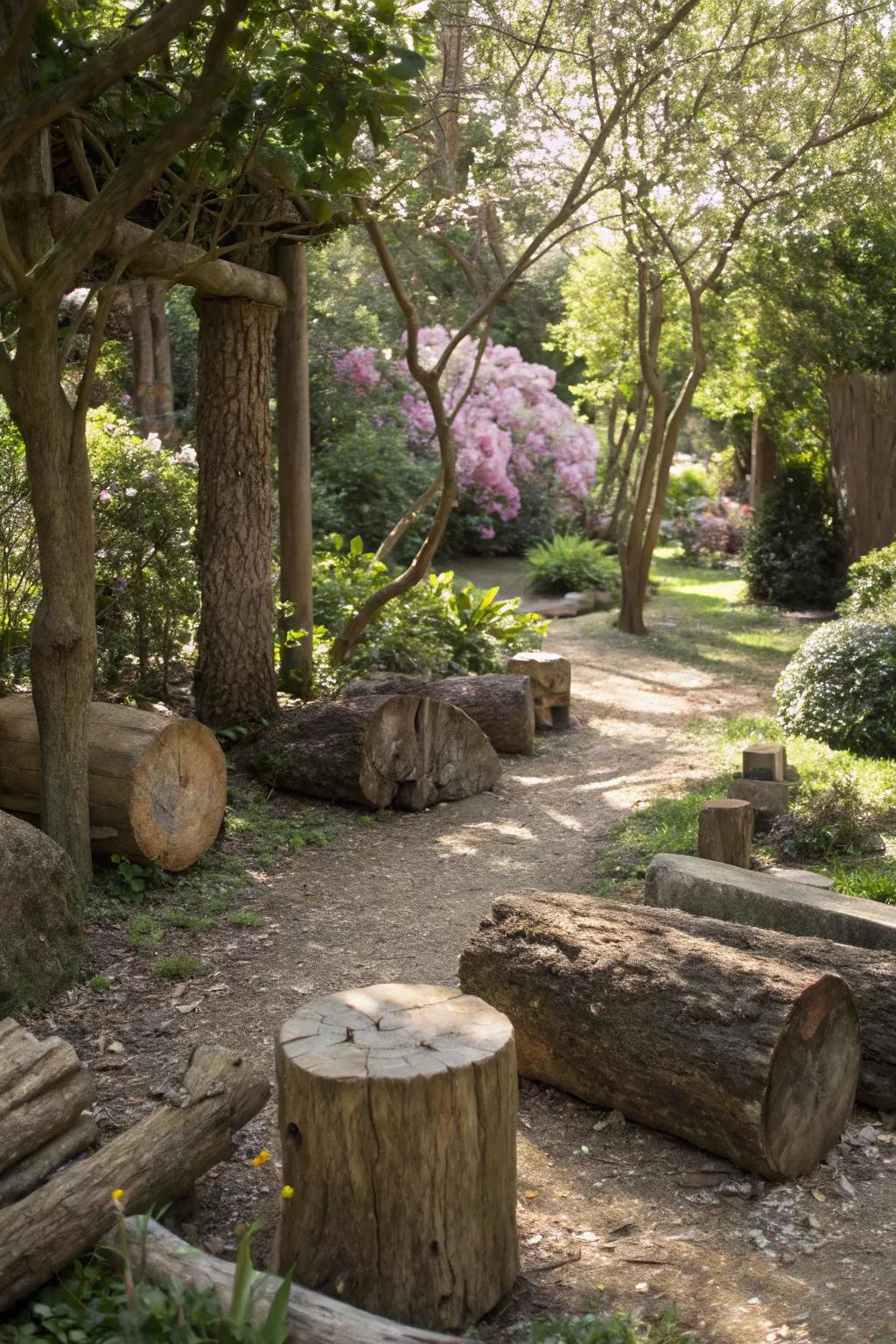 Rustic wood elements enhancing a shaded garden.