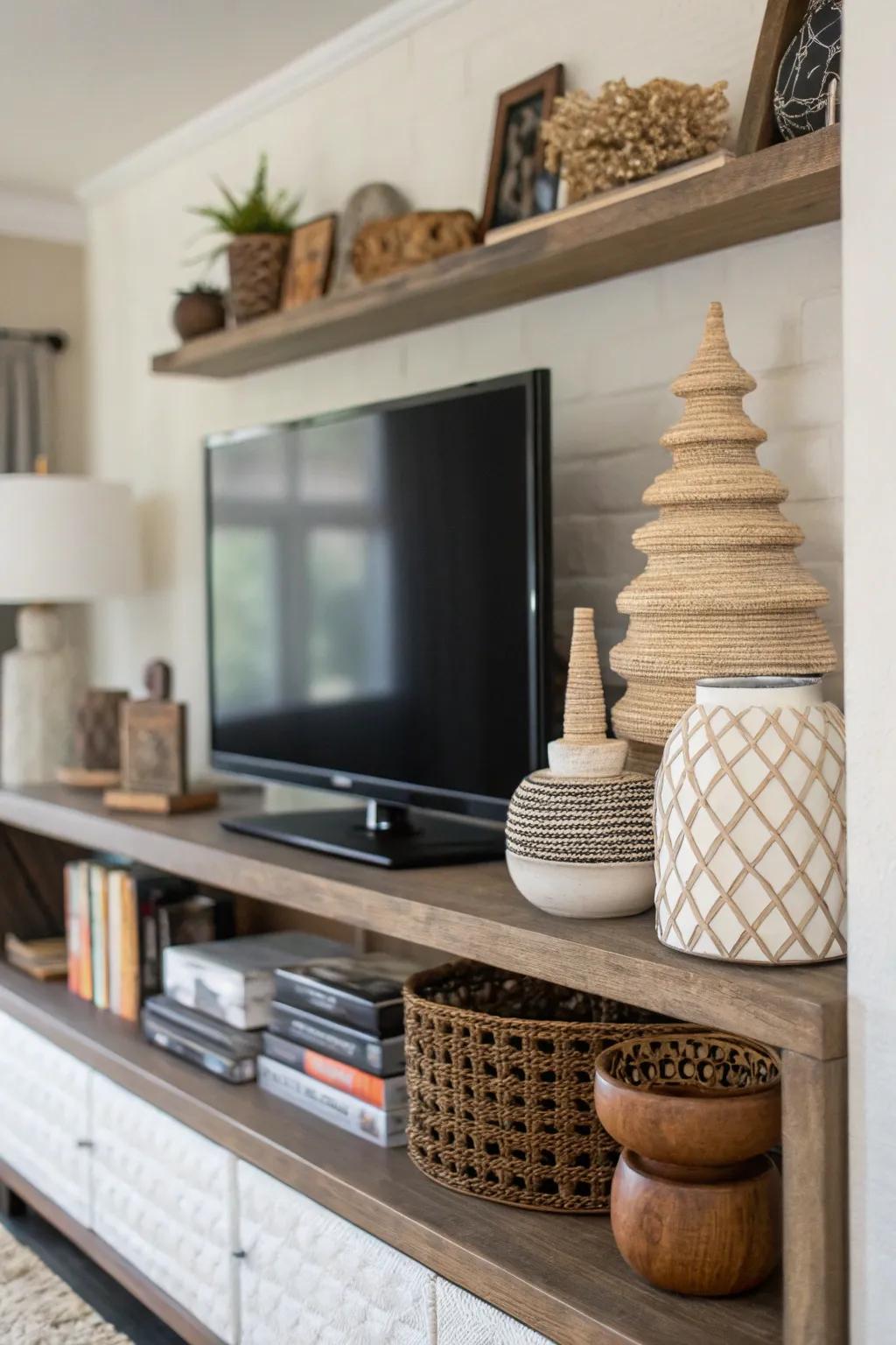 Layered textures create depth and interest above the TV.