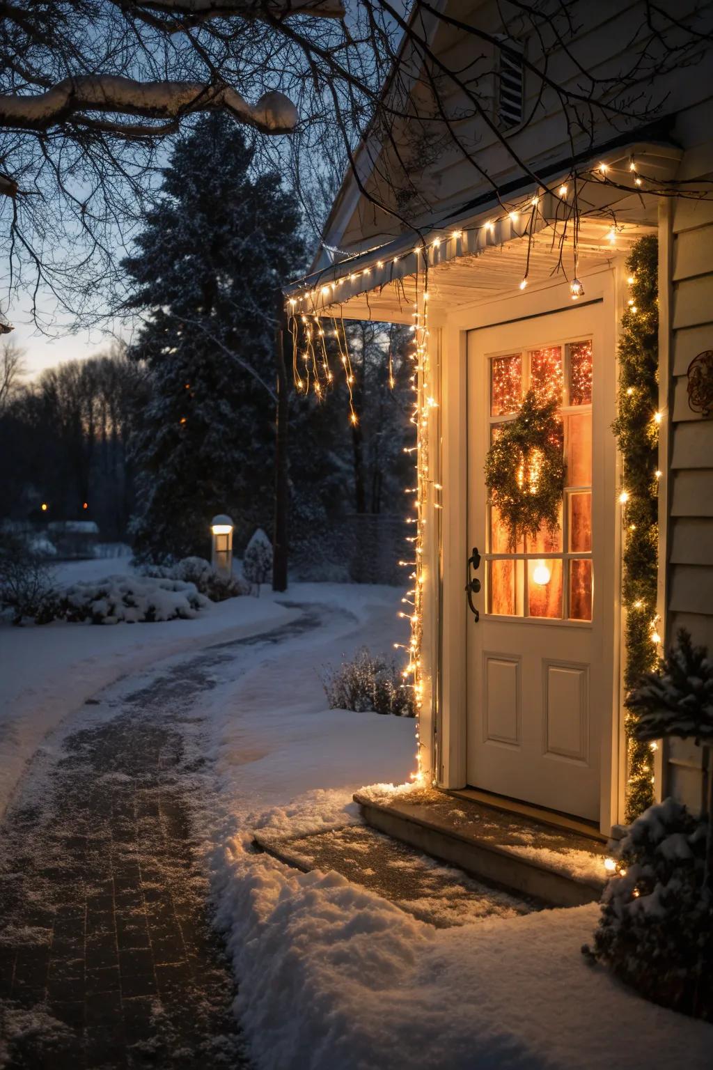 Icicle lights create a dazzling, wintery entrance.