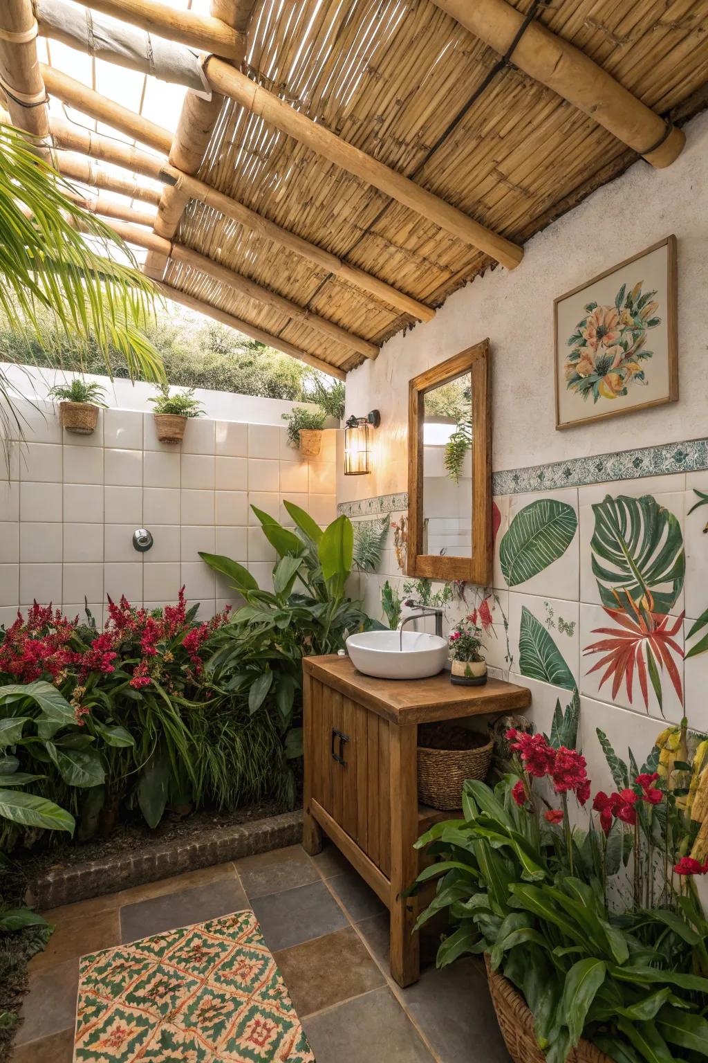 A bamboo ceiling brings tropical vibes to this small bathroom.