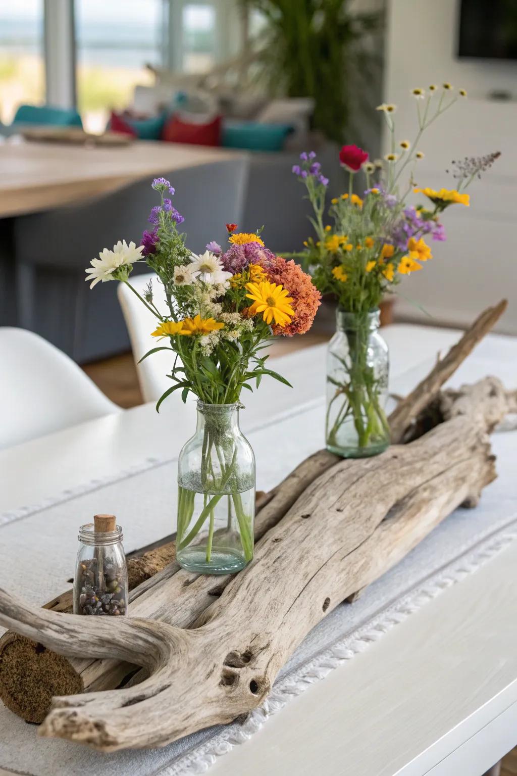 Driftwood and wildflowers create a natural and artistic centerpiece.
