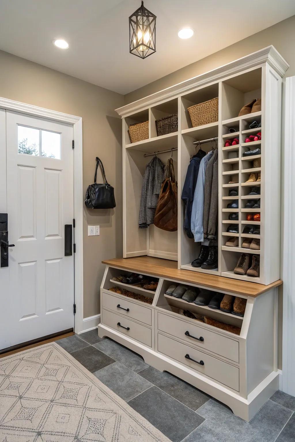 Convertible furniture adapts for multifunctional shoe storage.