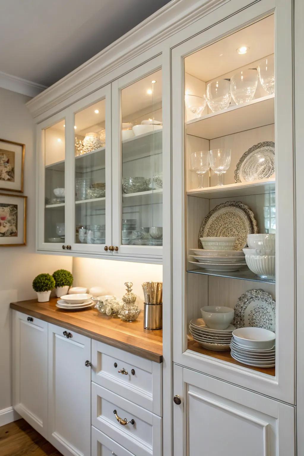 Glass cabinet doors add depth and elegance to your kitchen.