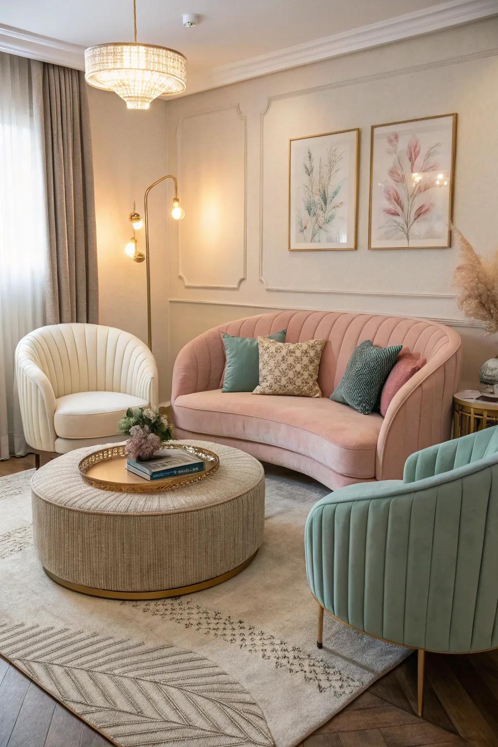 Curved furniture softens and harmonizes the space.