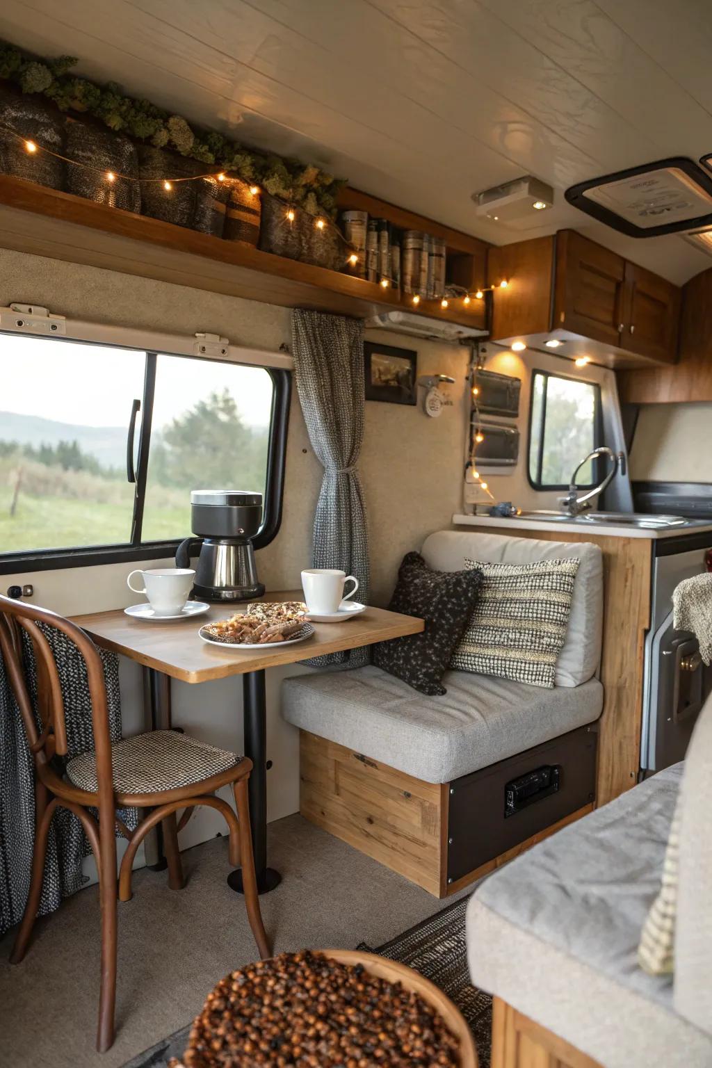 A coffee nook adds a practical and charming touch to your RV.