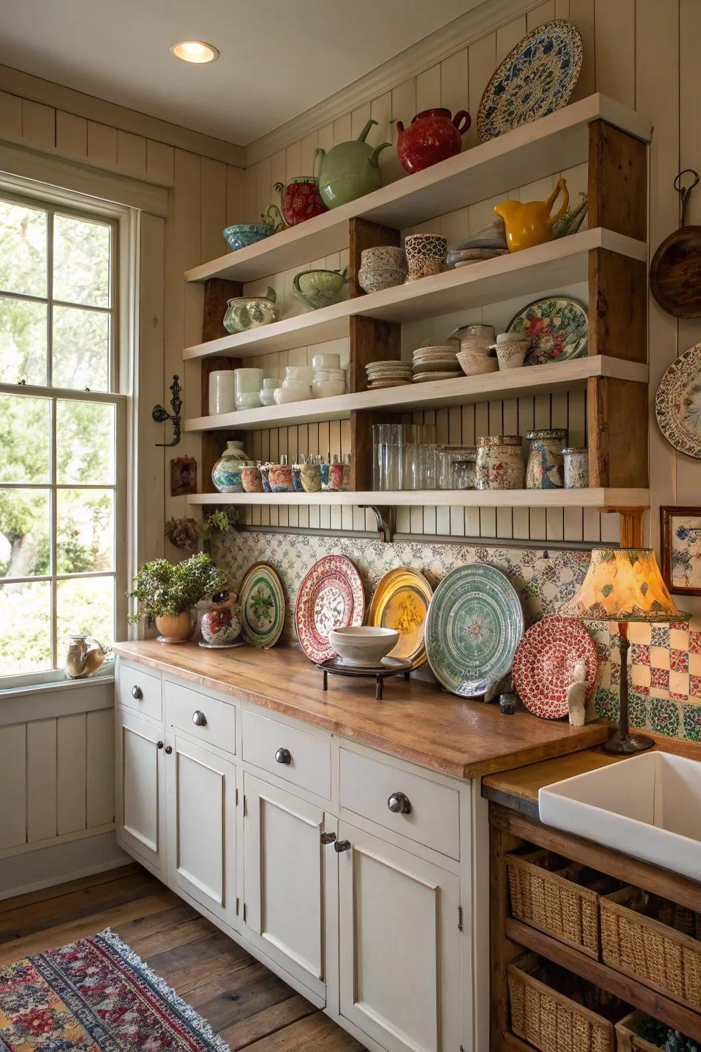 Open shelving that showcases collectibles in a Southern kitchen.