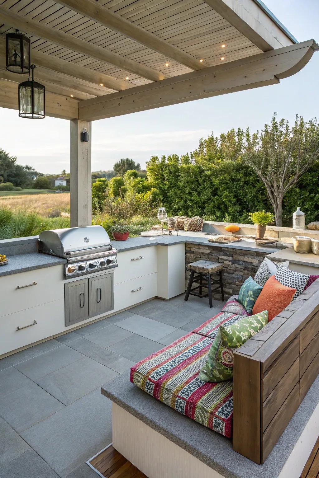 A cozy built-in seating nook provides a perfect spot for relaxation and conversation.