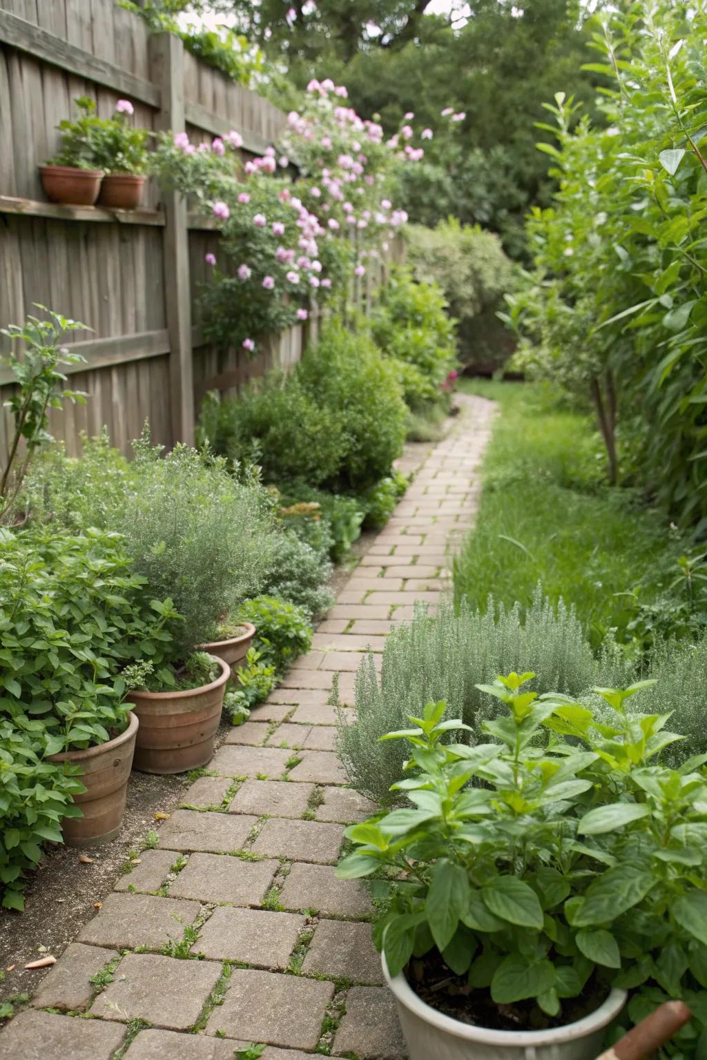 Aromatic herbs along pathways release delightful scents when walked upon.