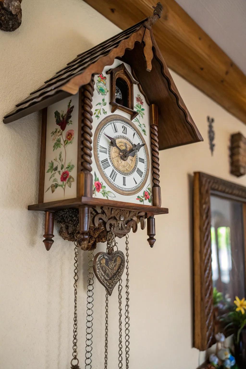 Whimsical timepieces add a playful touch to steampunk decor.