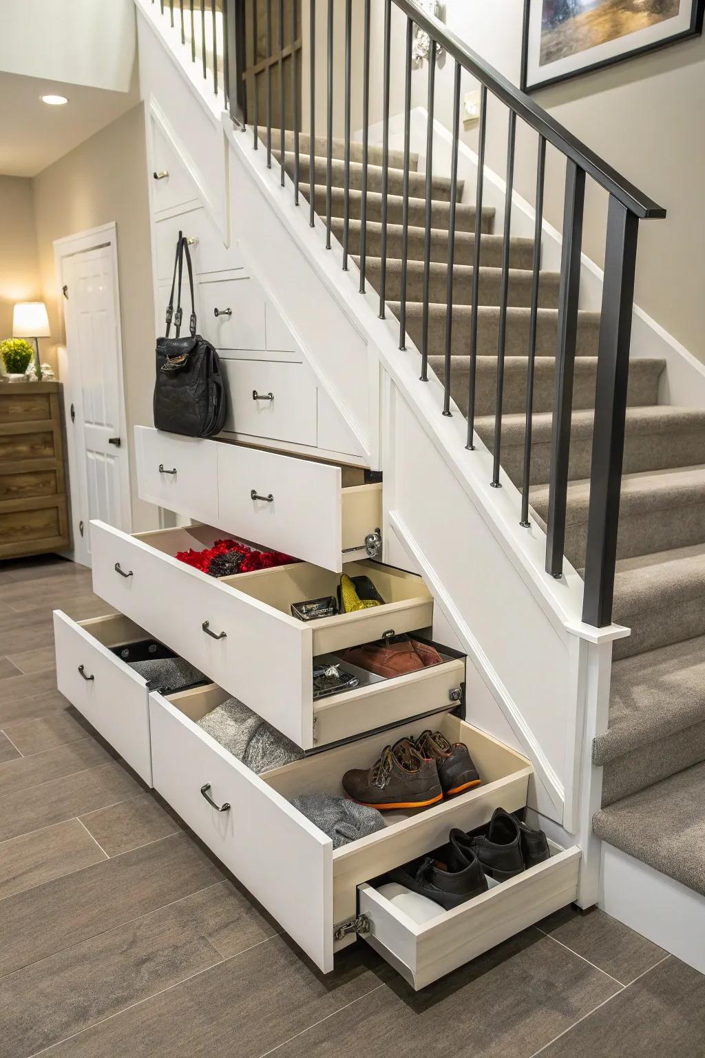 Staircase with pull-out drawers.