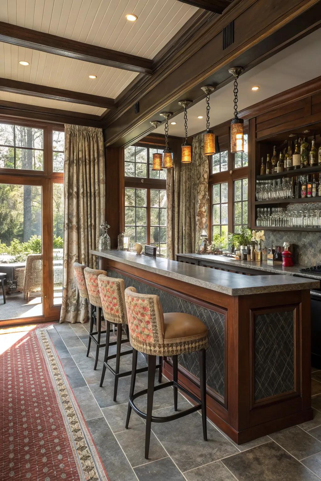 Experimenting with textures adds depth and interest to your sunroom bar.