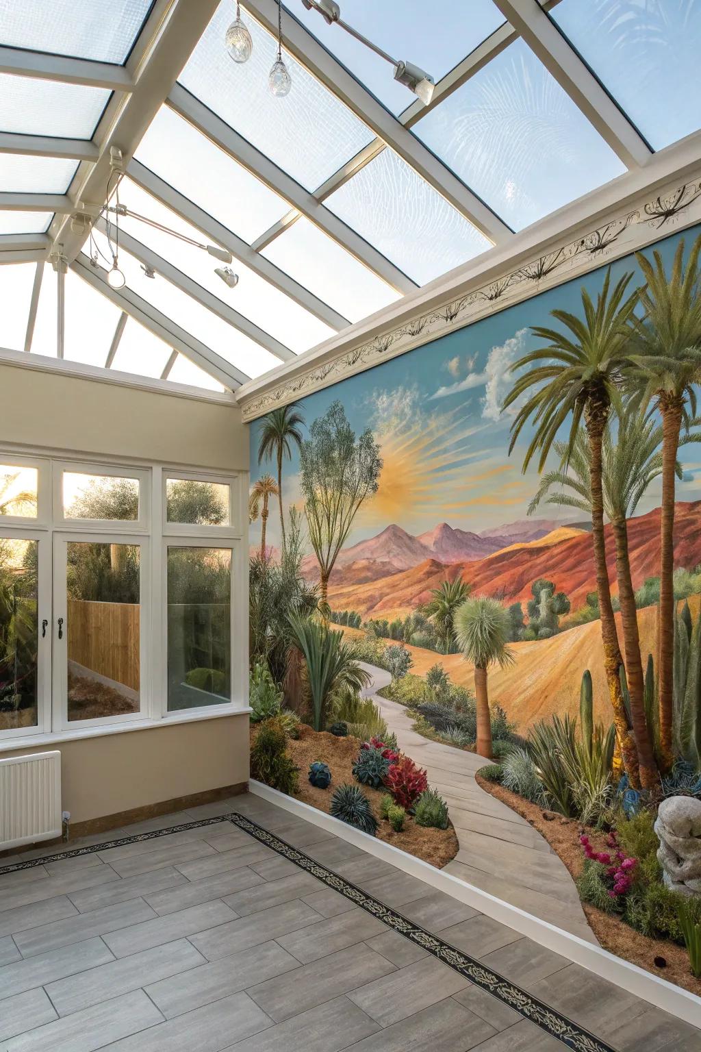 A sunroom featuring a surreal desert oasis.