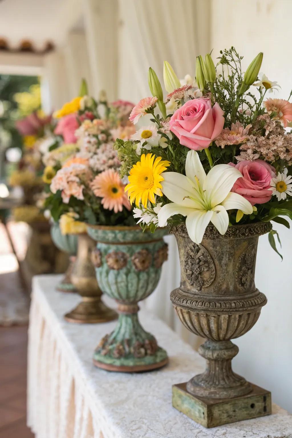 A charming vintage centerpiece with antique vases and garden roses.