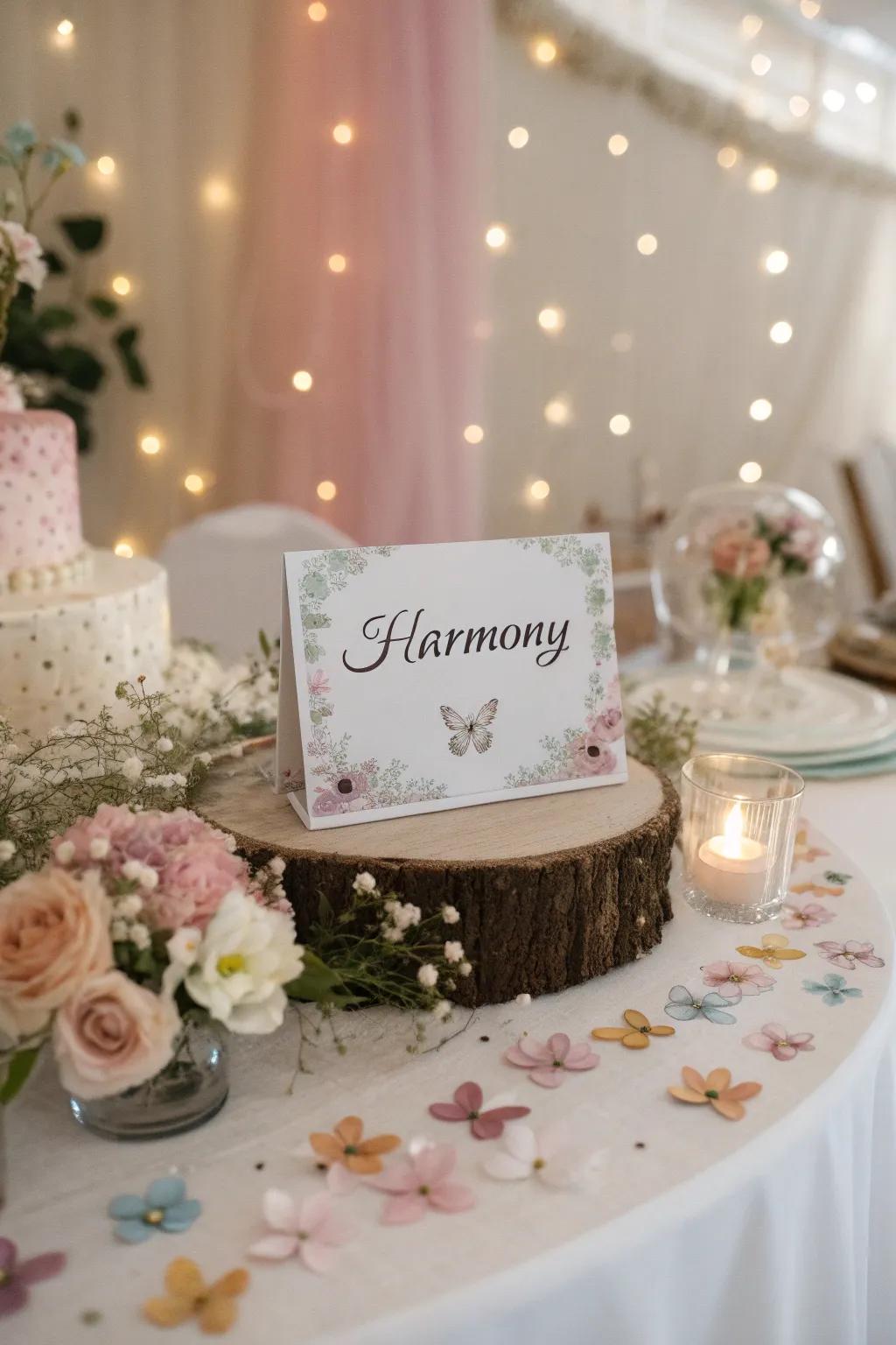 Whimsical-themed table names evoke positivity and inspiration.