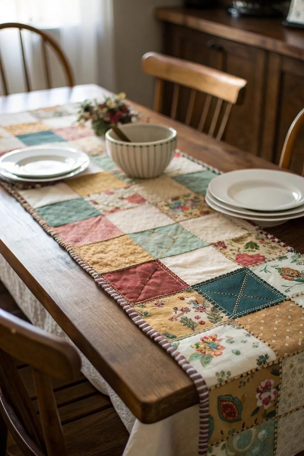 Patchwork table runner for a nostalgic and charming dining experience.