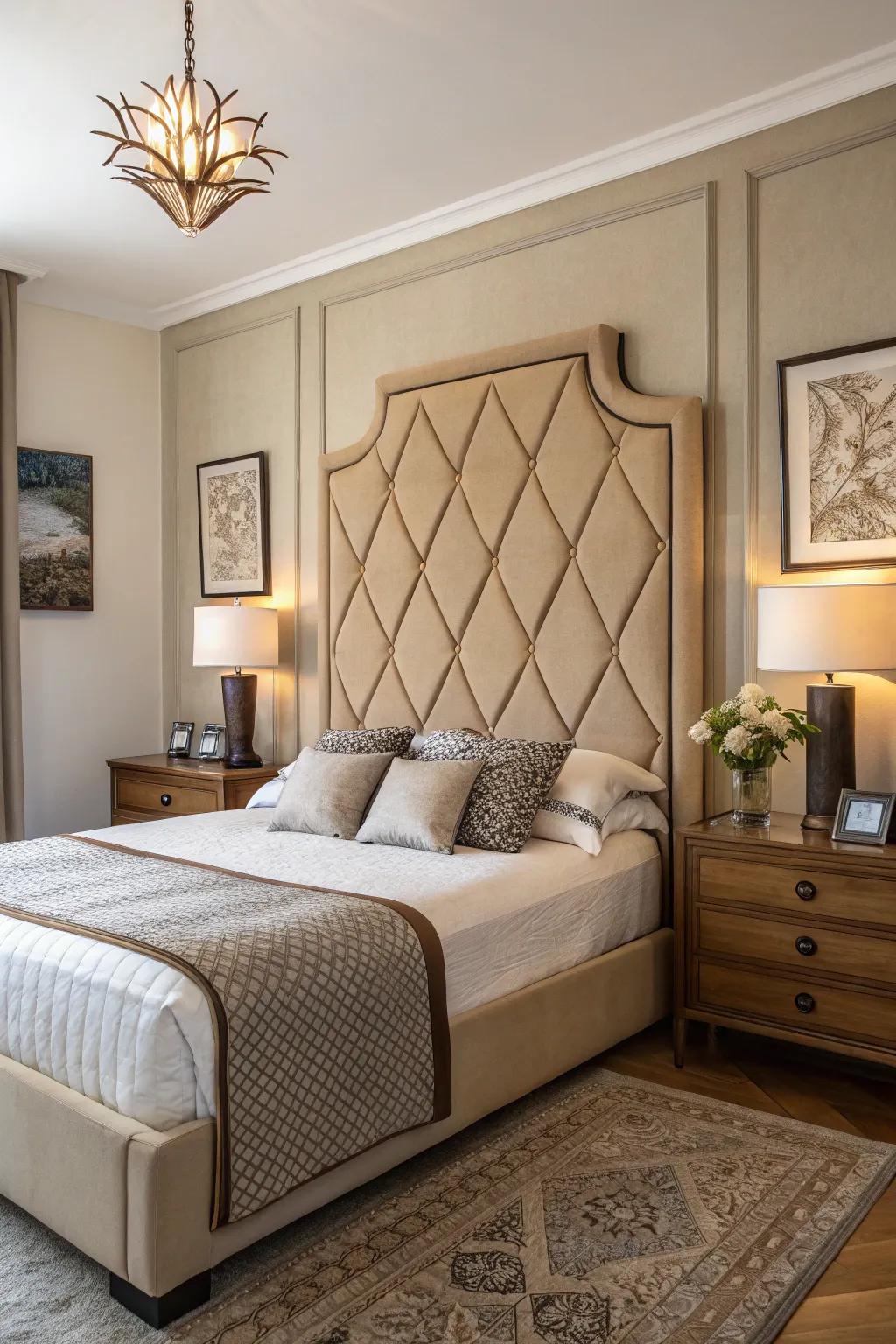 A unique headboard design elevates the tan bedroom's style.