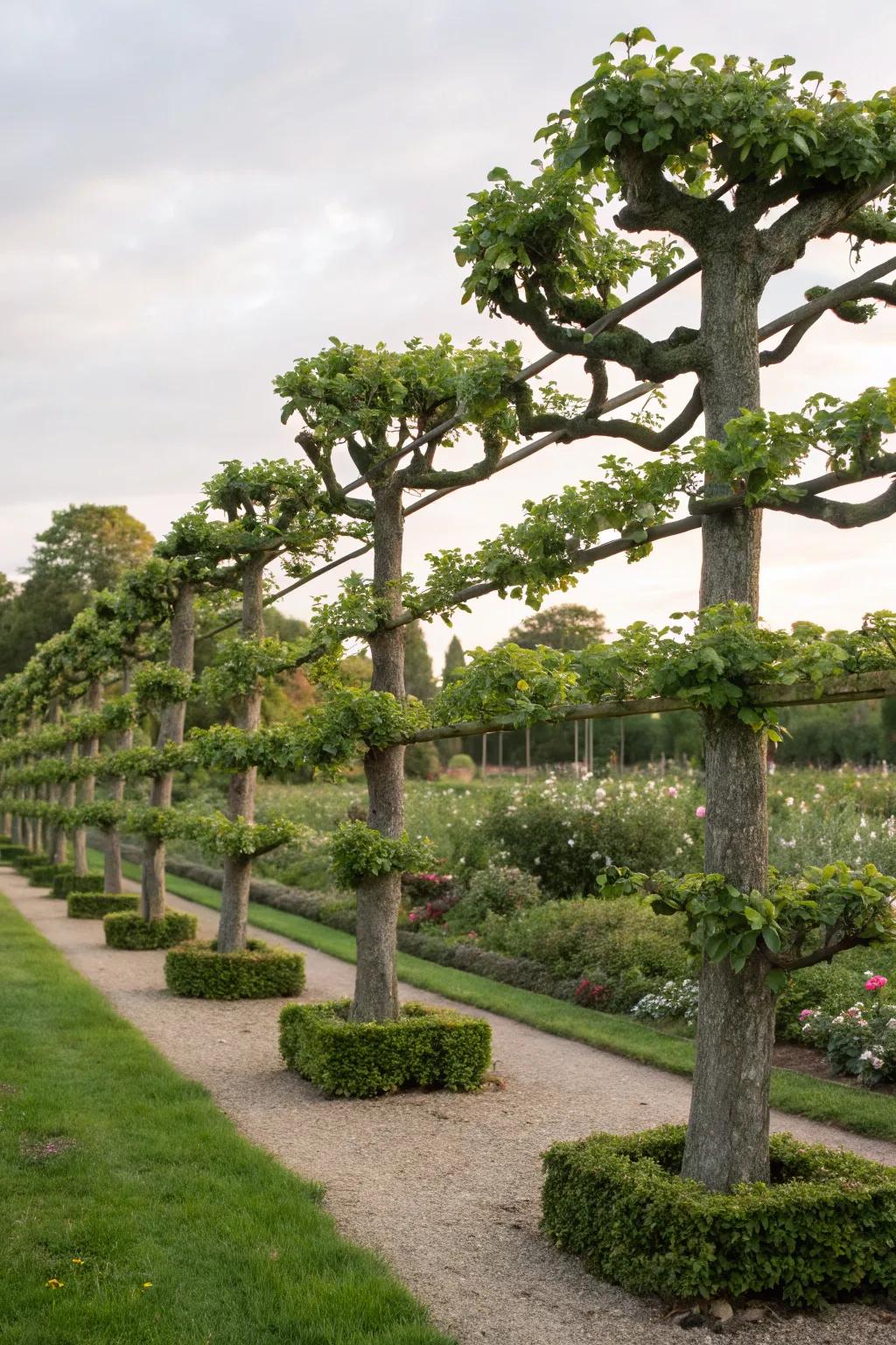 Espalier trees creating an artistic living sculpture.