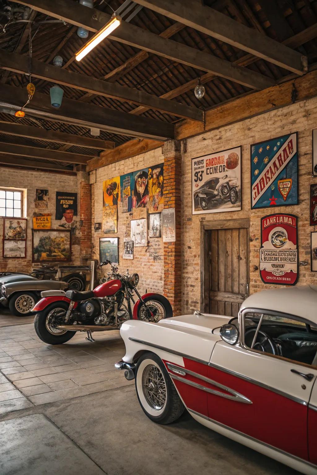 Retro wall art adds a narrative and flair to the garage.