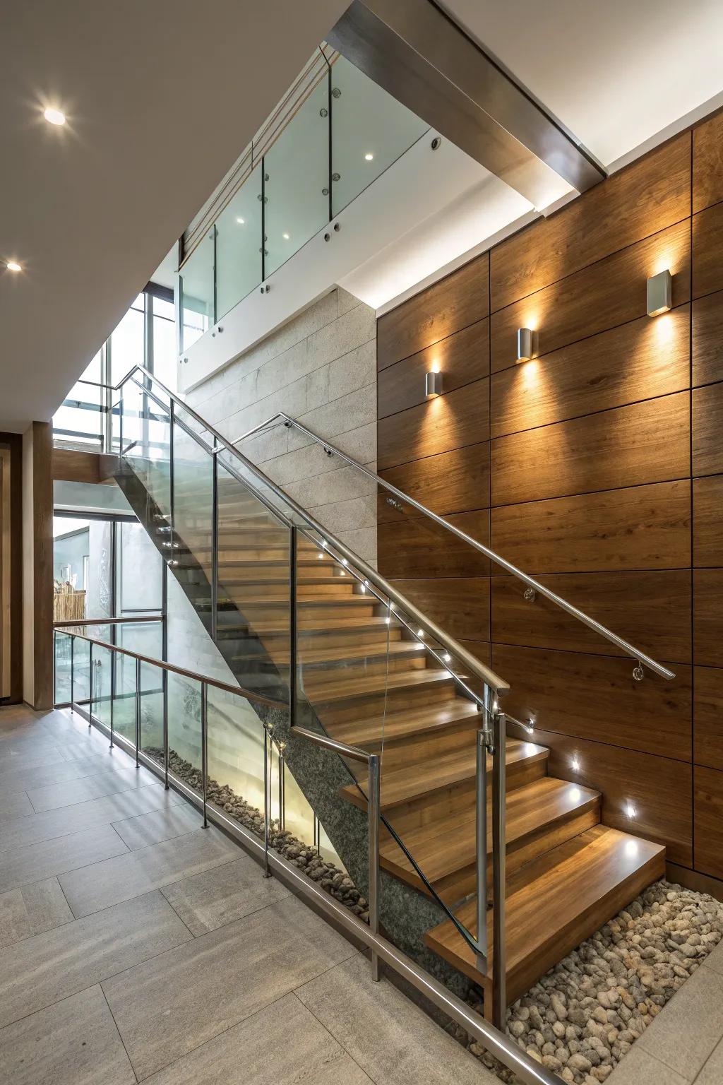 Mixed materials can add depth and contrast to your staircase wall.