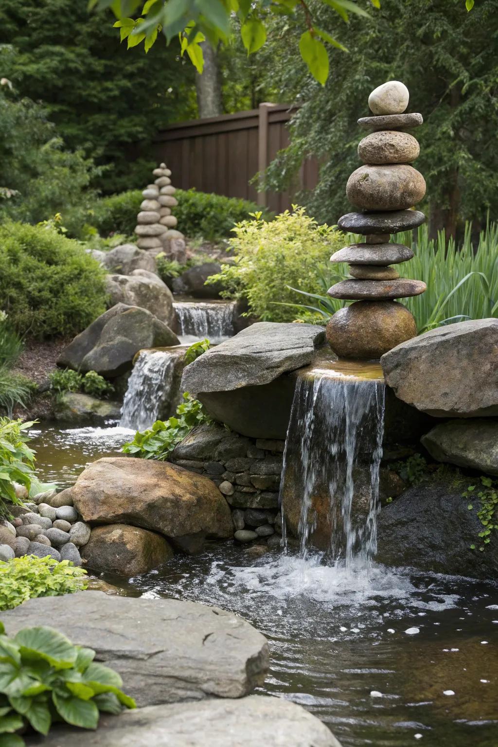 An intriguing garden waterfall with stones seemingly floating in mid-air.