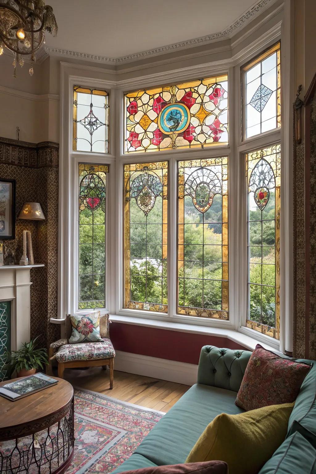 Stained glass adds artistic flair to bay windows.