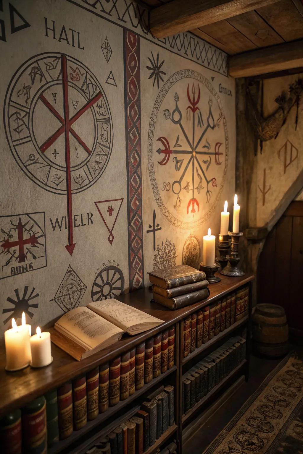 Runes and symbols add ancient magic to the room.