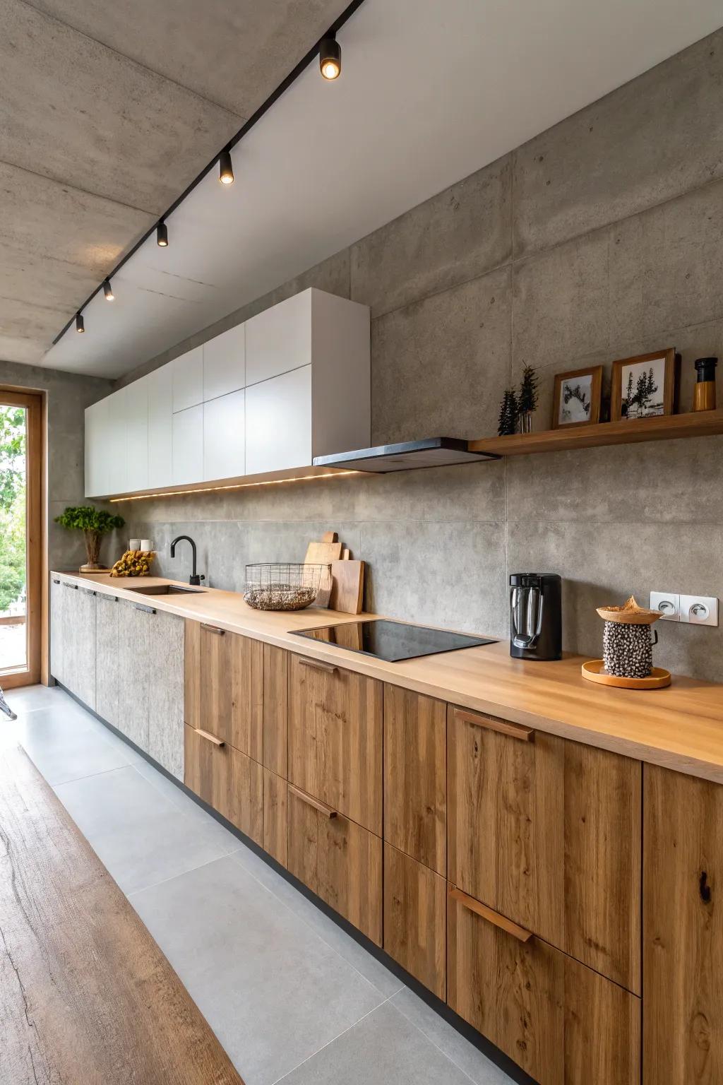 A modern contrast of wood and concrete in kitchen design.