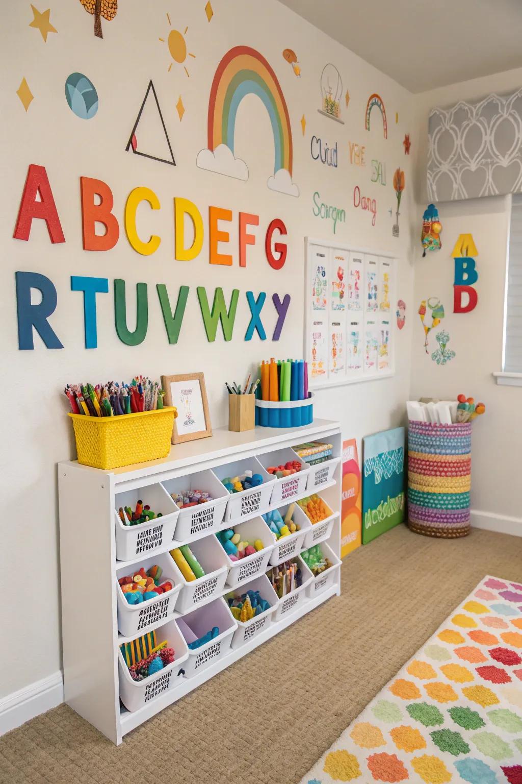 Alphabet wall art adds a playful, educational touch.