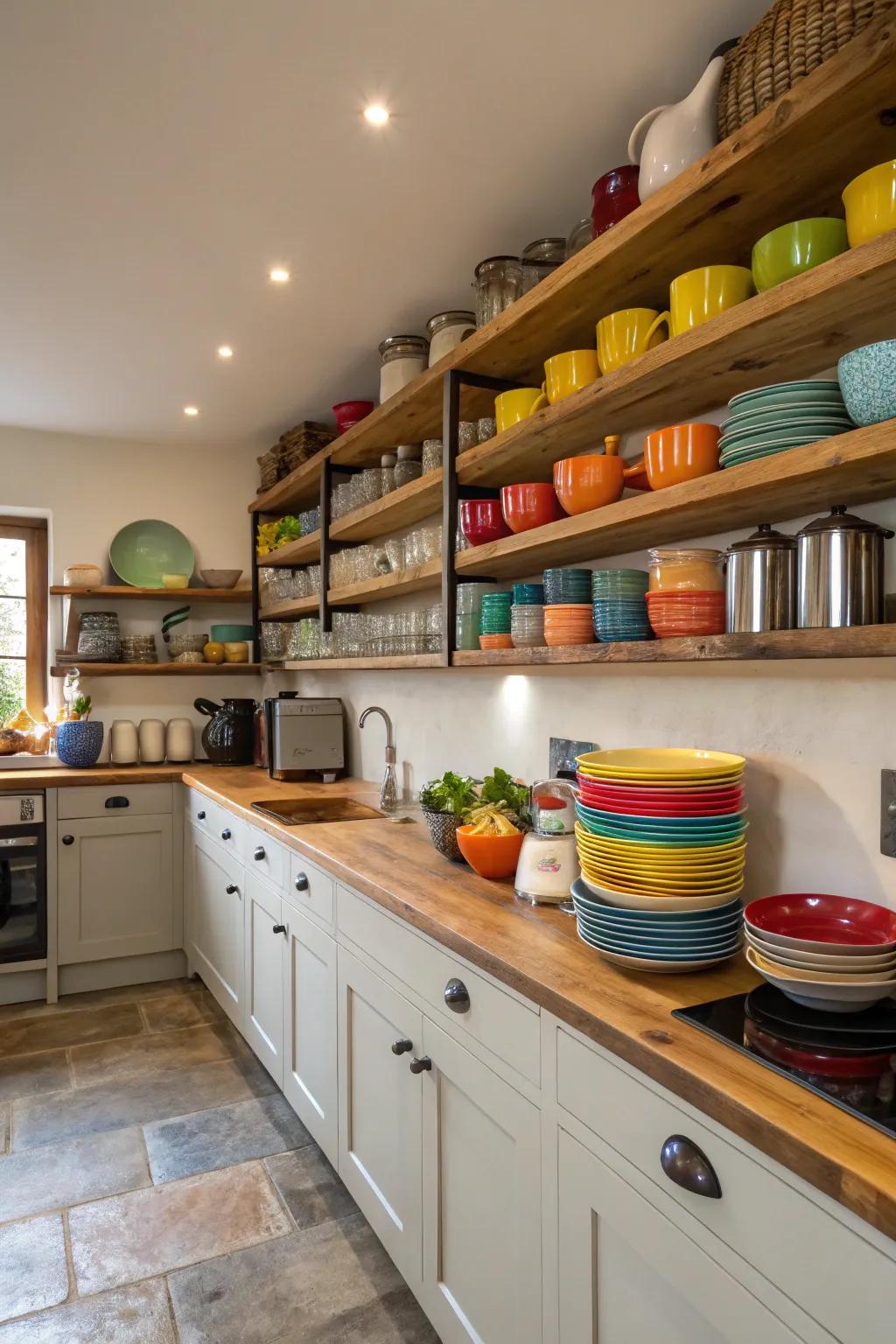 Open shelves bring a touch of elegance to a small kitchen.