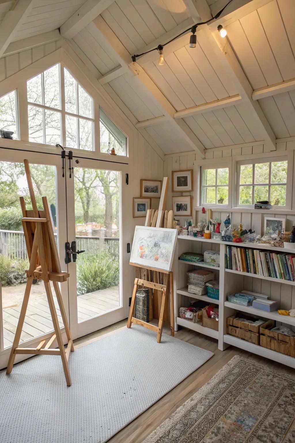 Create a bright and inspiring art studio in your shed.