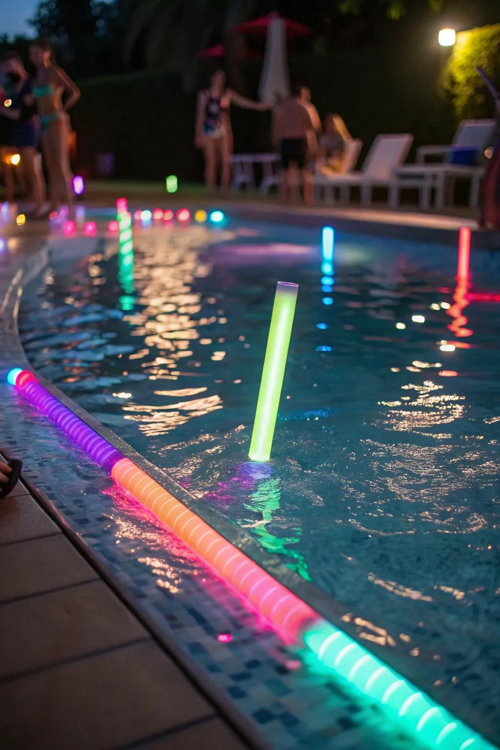 Glow-in-the-dark elements add a magical touch to your evening pool party.