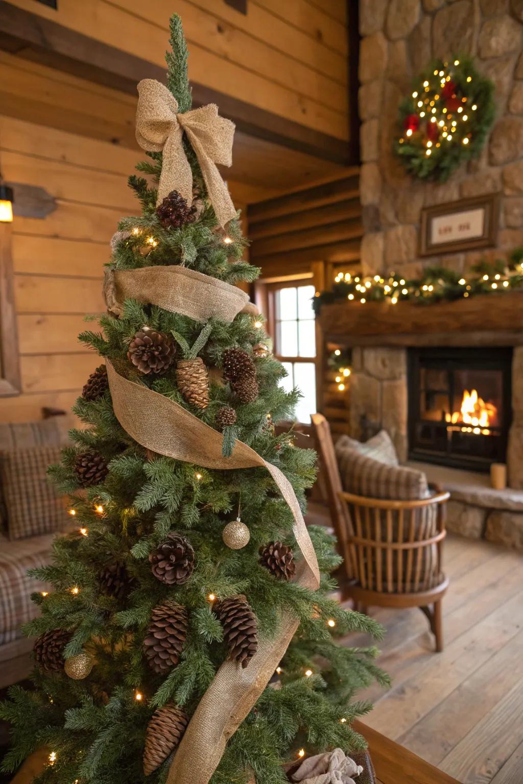 A rustic Christmas tree adorned with natural elements for a cozy cabin vibe.