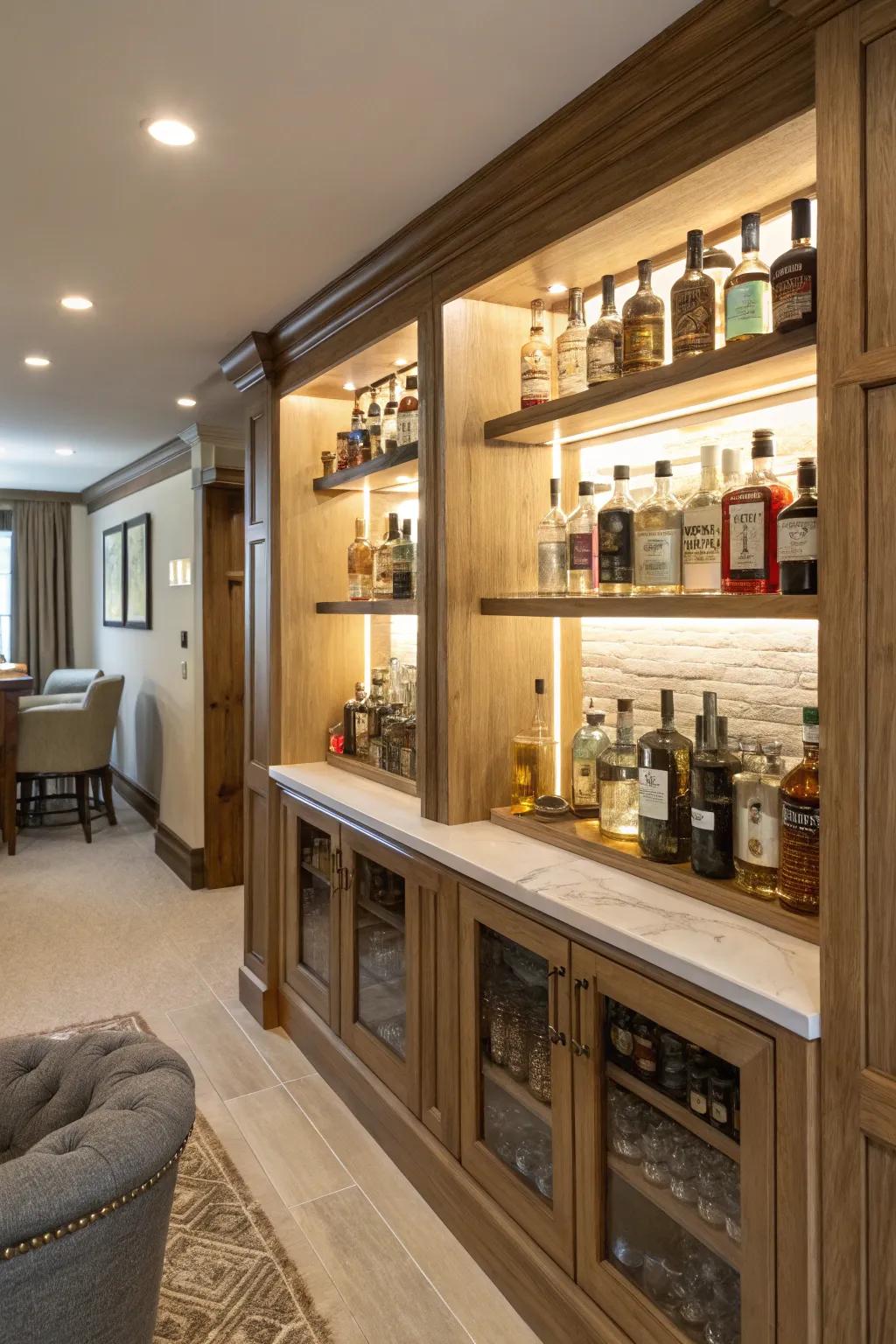 A sophisticated home bar corner featuring built-in shelves for an organized look.