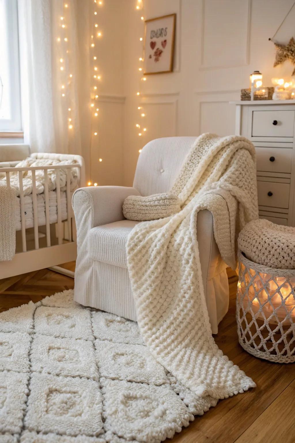 Soft textures bring warmth to an all-white nursery.