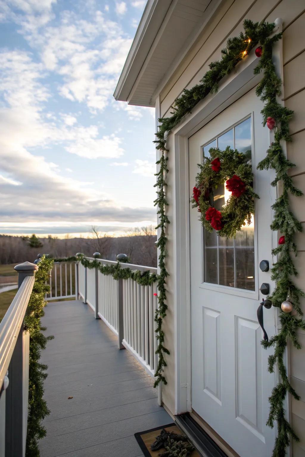 Natural garlands and a door wreath bring festive cheer to this balcony.