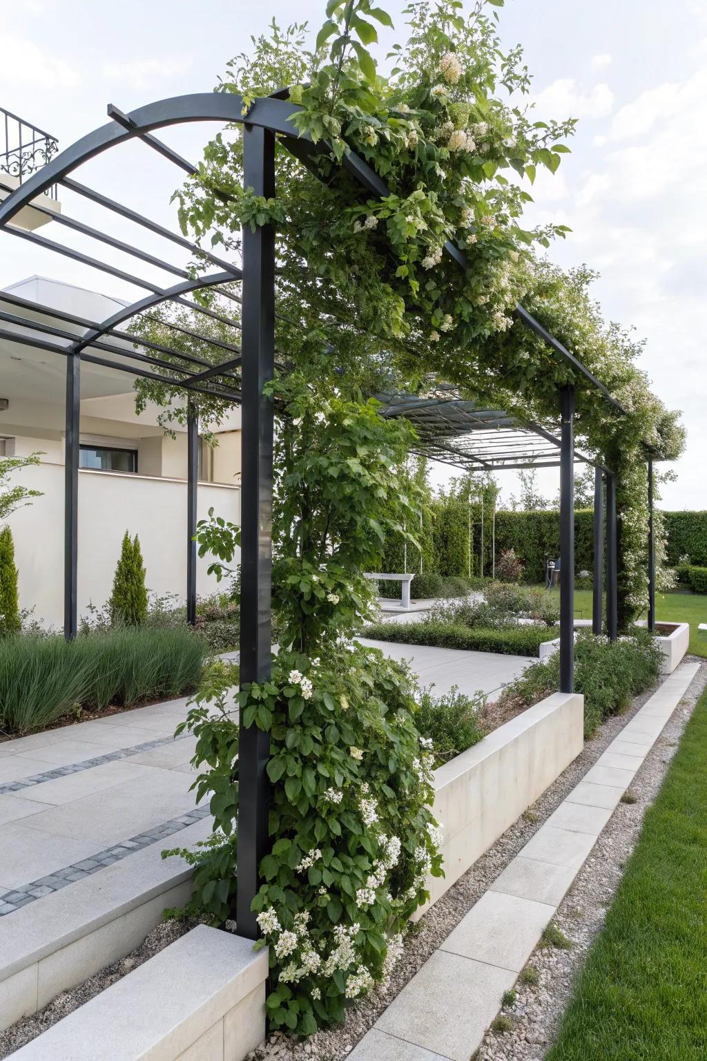 A modern metal arbor with cascading jasmine flowers.