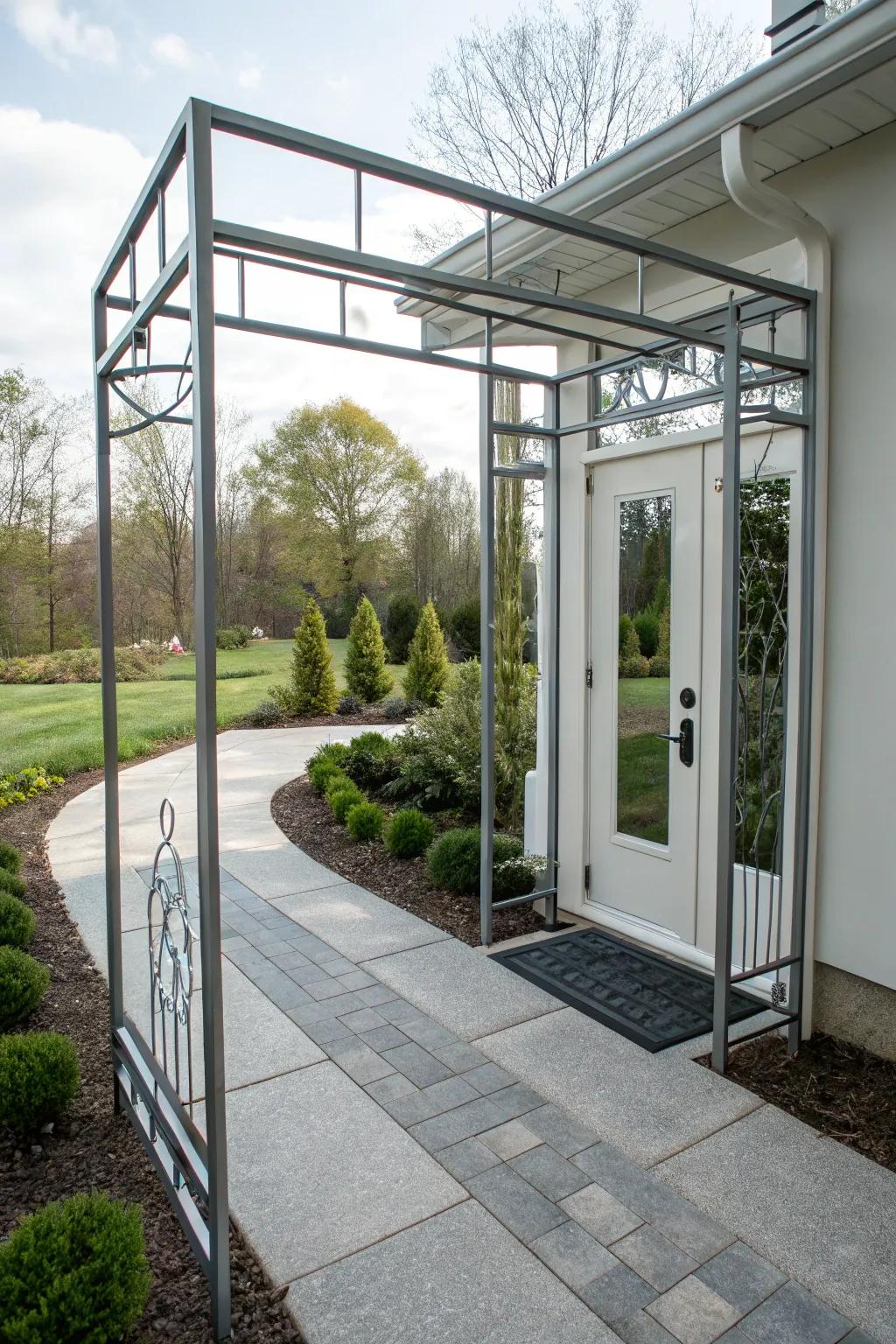 A modern metal arbor with a geometric design for a contemporary touch.