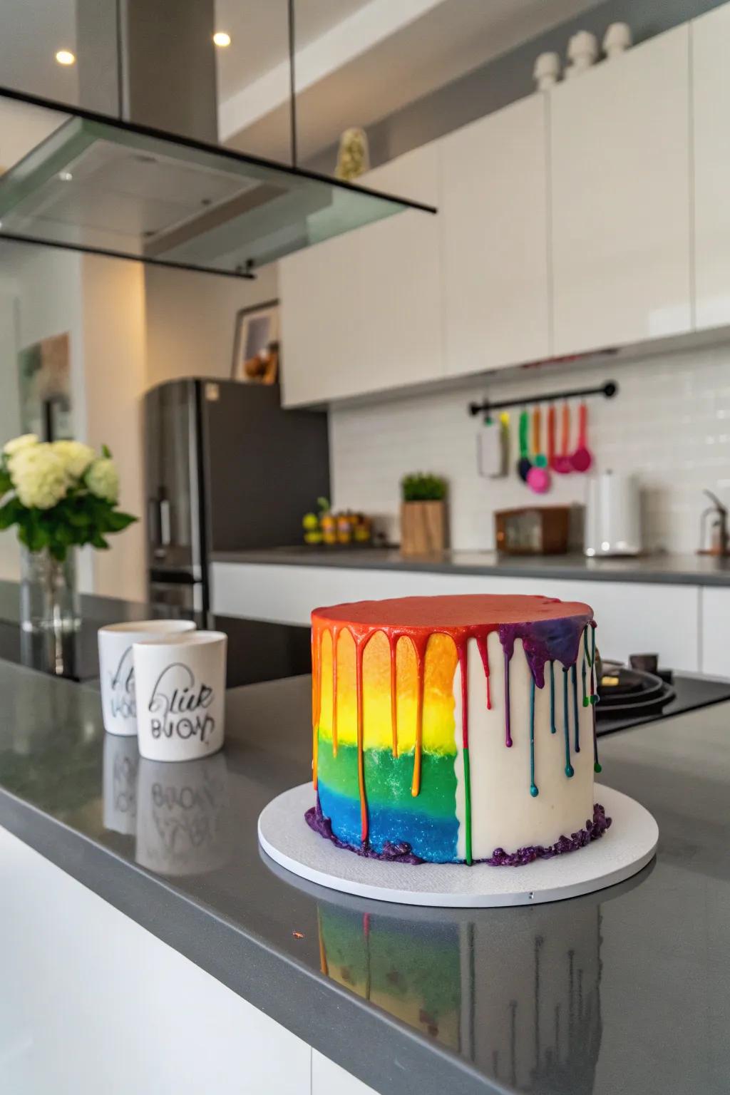 The dripping paint effect cake adds a splash of color and excitement to any gathering.