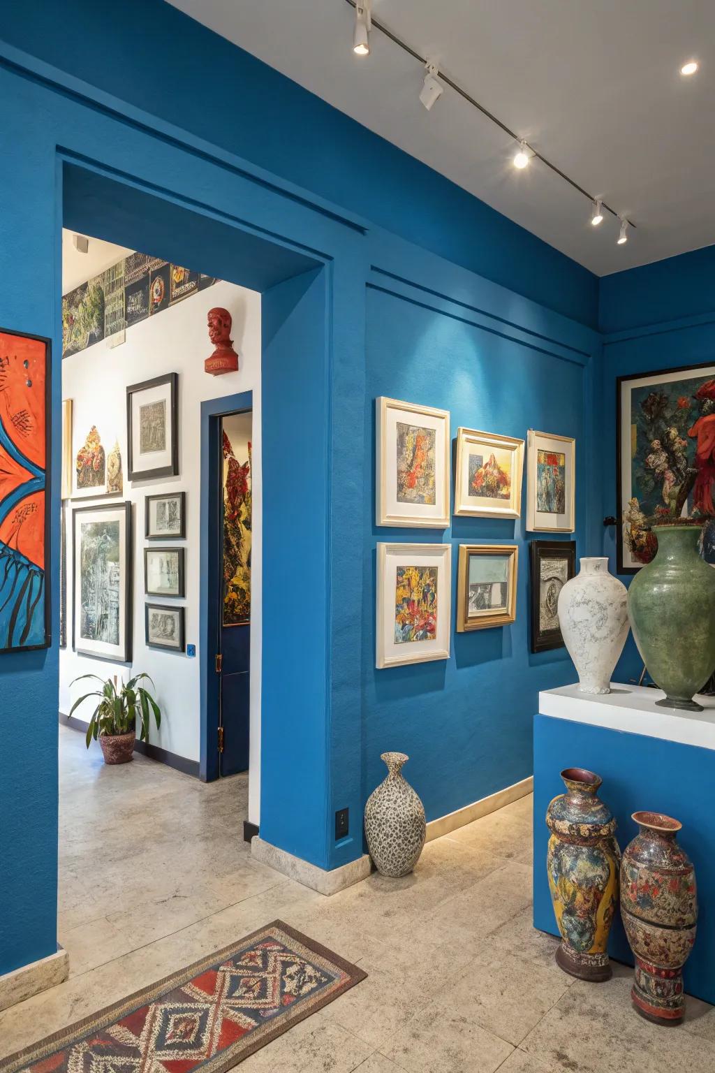 Bold-colored walls create a striking backdrop for your art collection.